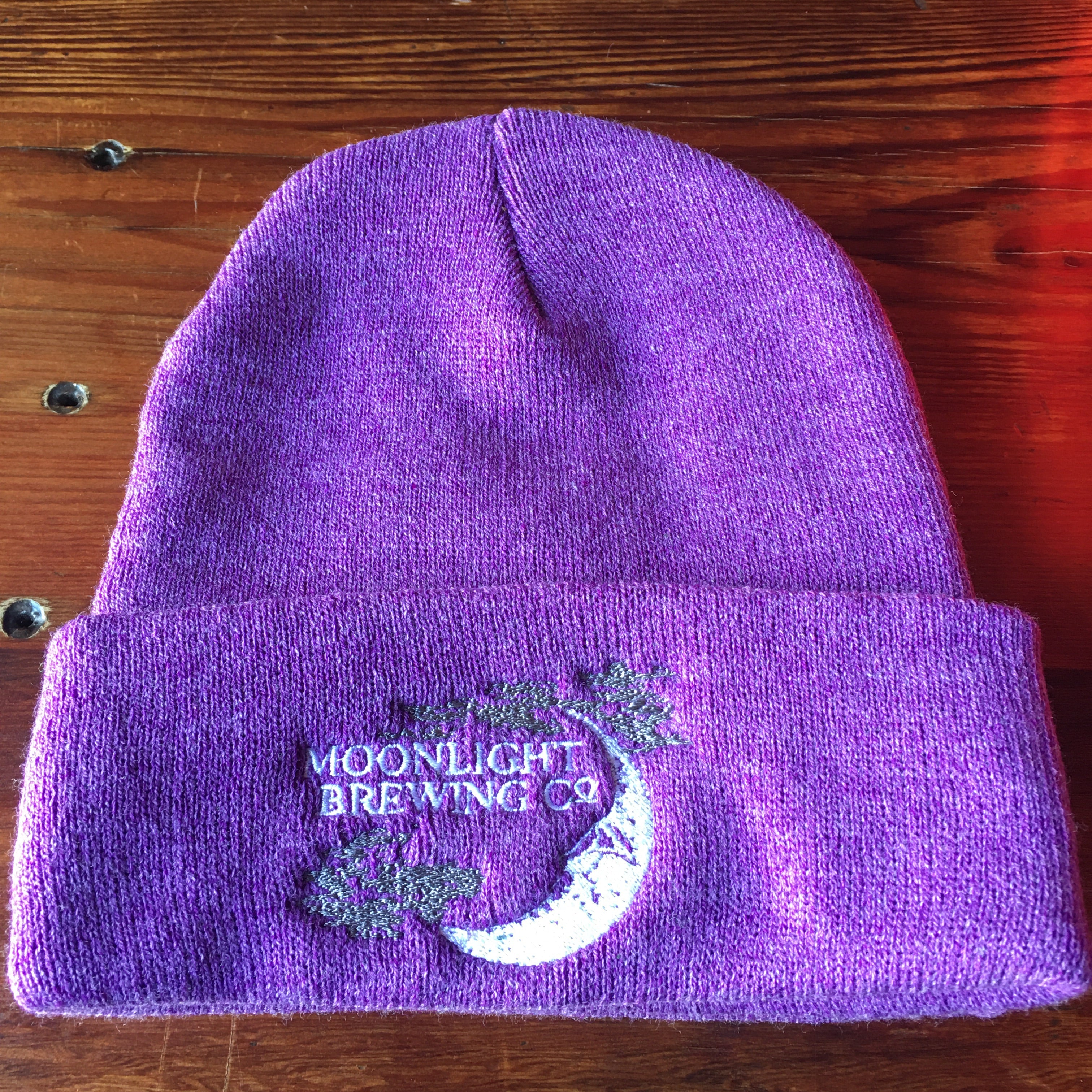 Purple beanie with Moonlight Brewing logo on the front